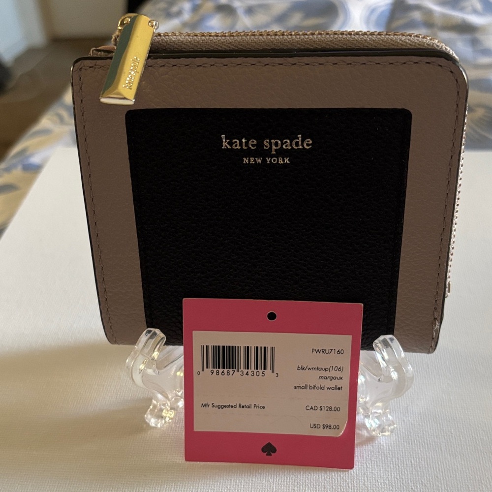 New Kate Spade Small Leather Bifold Wallet—Black & Taupe Style Marquax